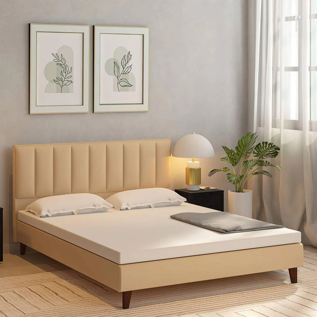 Fabric Upholstered Queen Size Bed with Headboard for Bedroom, Kids Room, Hotel | Engineered Wood Queen Bed