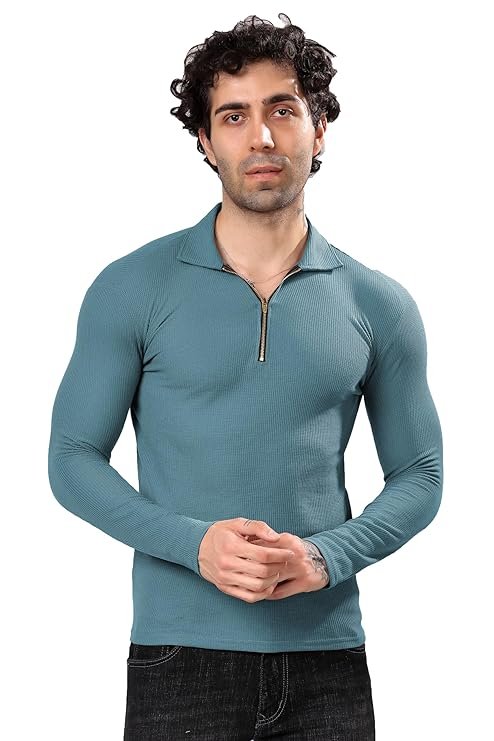 Mens 4 Way Lycra Full Sleeves Gym Tshirt Front Half Zipper