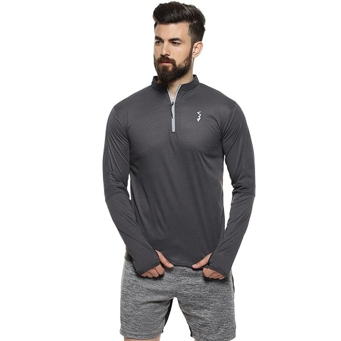 Mens 4 Way Lycra Full Sleeves Gym Tshirt Front Half Zip