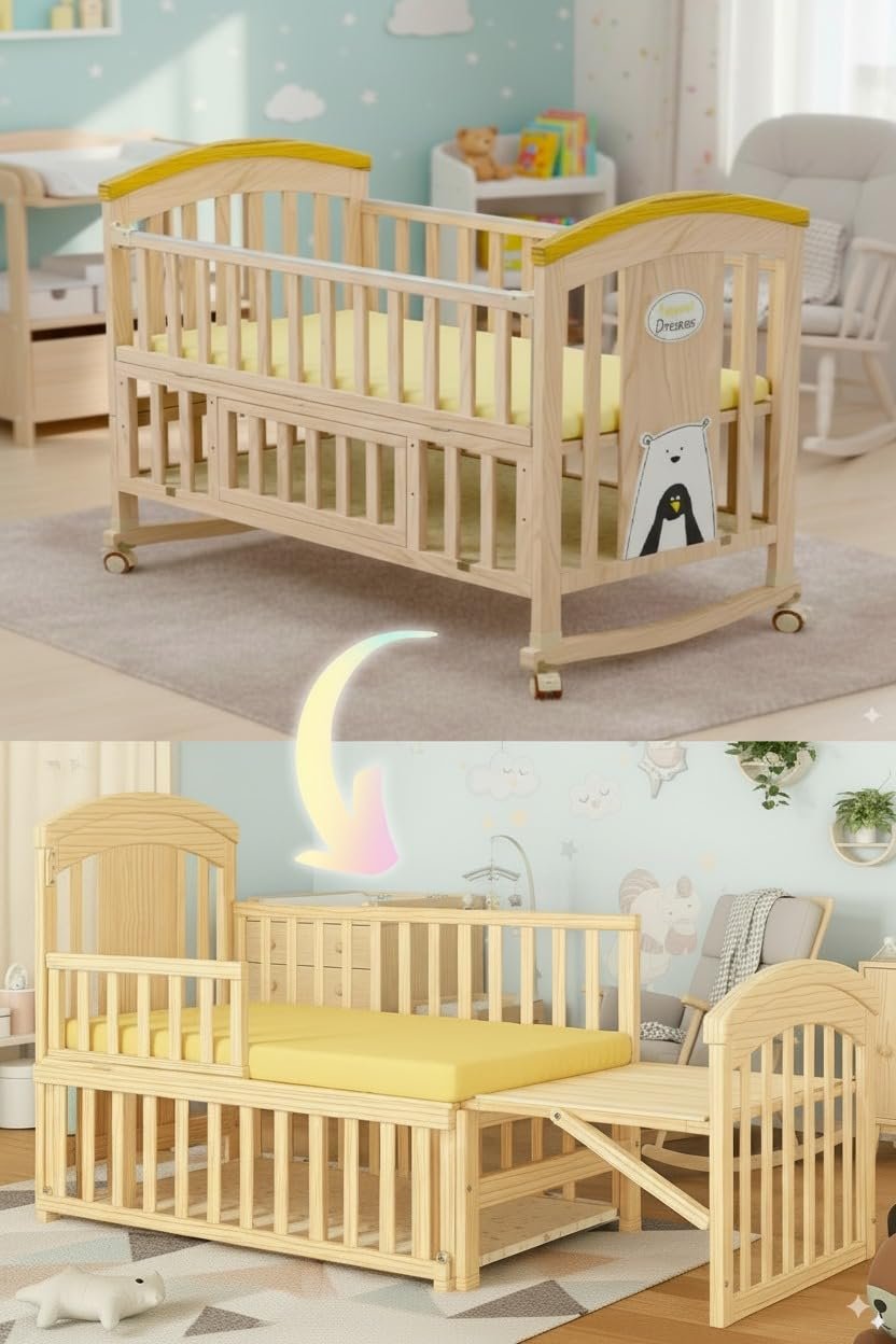 Exclusive 12 in 1 Multifunctional Baby Wooden Cot/Baby Bed/Wooden Crib (Premium White)