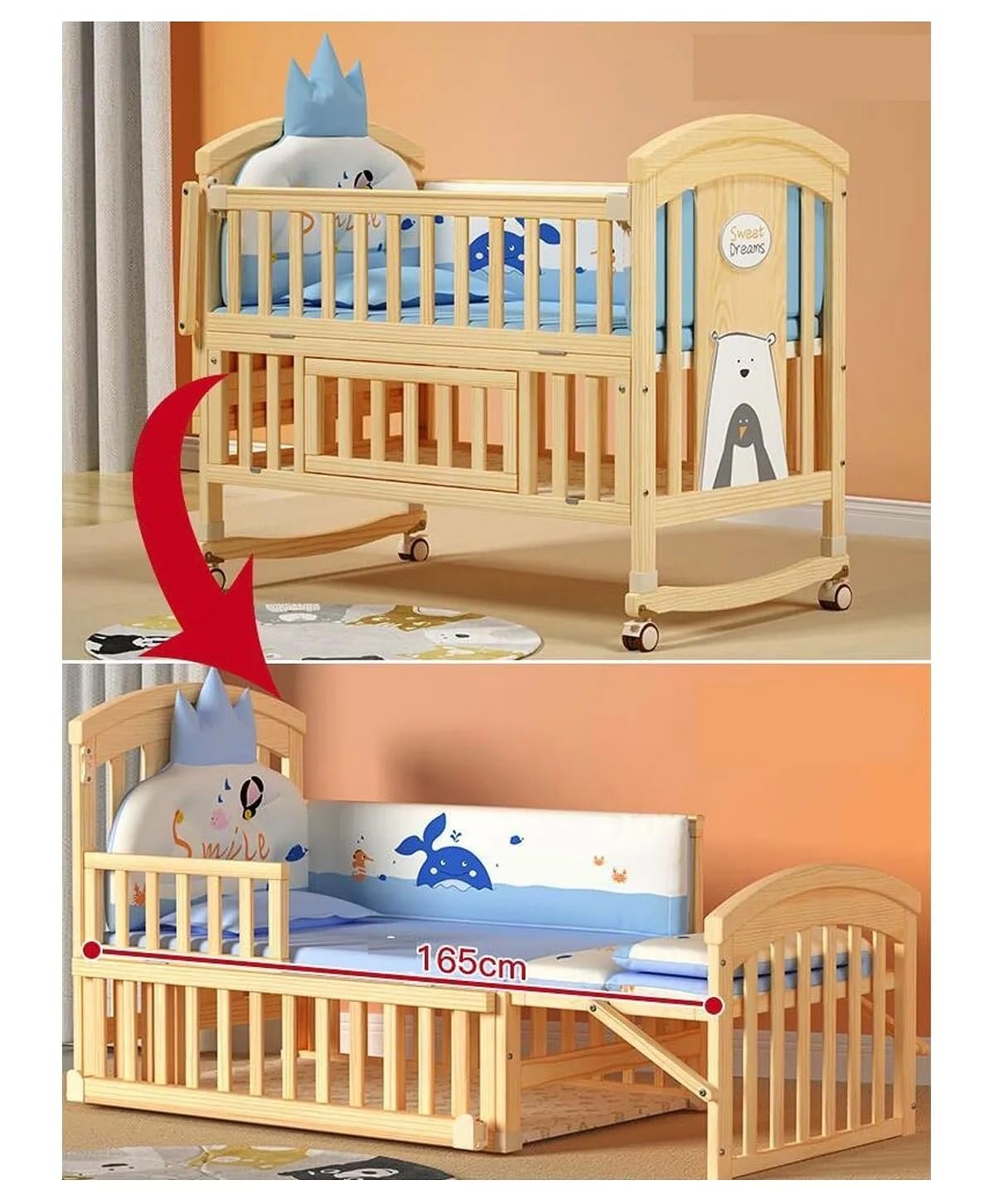 Exclusive 12 in 1 Multifunctional Baby Wooden Cot/Baby Bed/Wooden Crib (Natural Wood)
