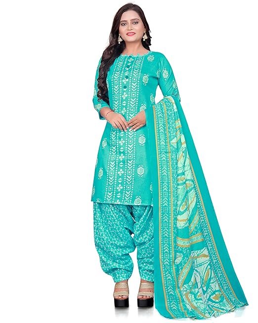 Ladies Sea Green Cotton Printed Unstitched Salwar Suit
