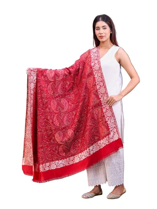 Red Base Kani Shawl With Fringes