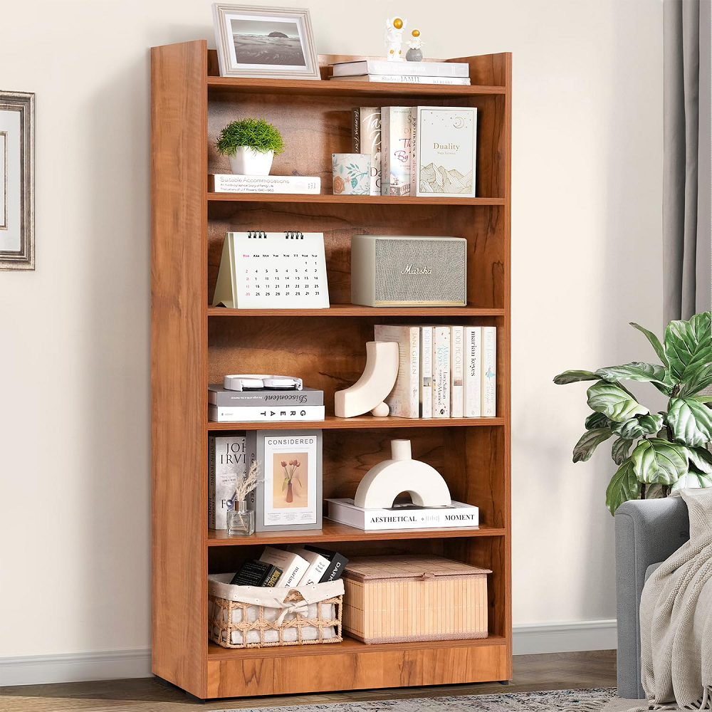 Glossy Wooden Wall Attached Book Rack, 6 Shelves