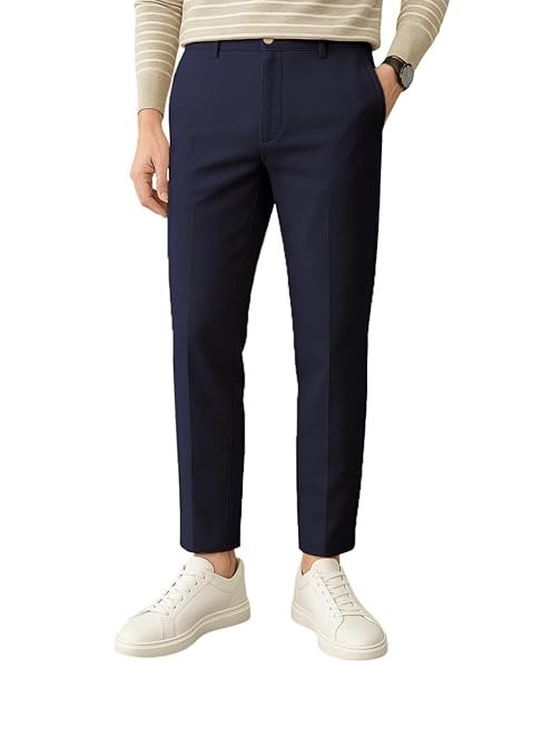 Men Formal Navy Blue Polyester Trouser