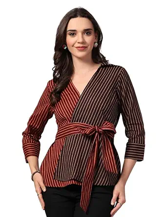 Cotton Women's Wrap Top with Belt V-Neck Striped Shirt 3/4 Sleeve Overlapping Front Panels Top