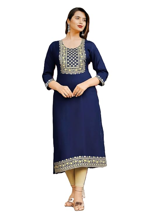 Ladies Blue Embroidered Cotton Kurti